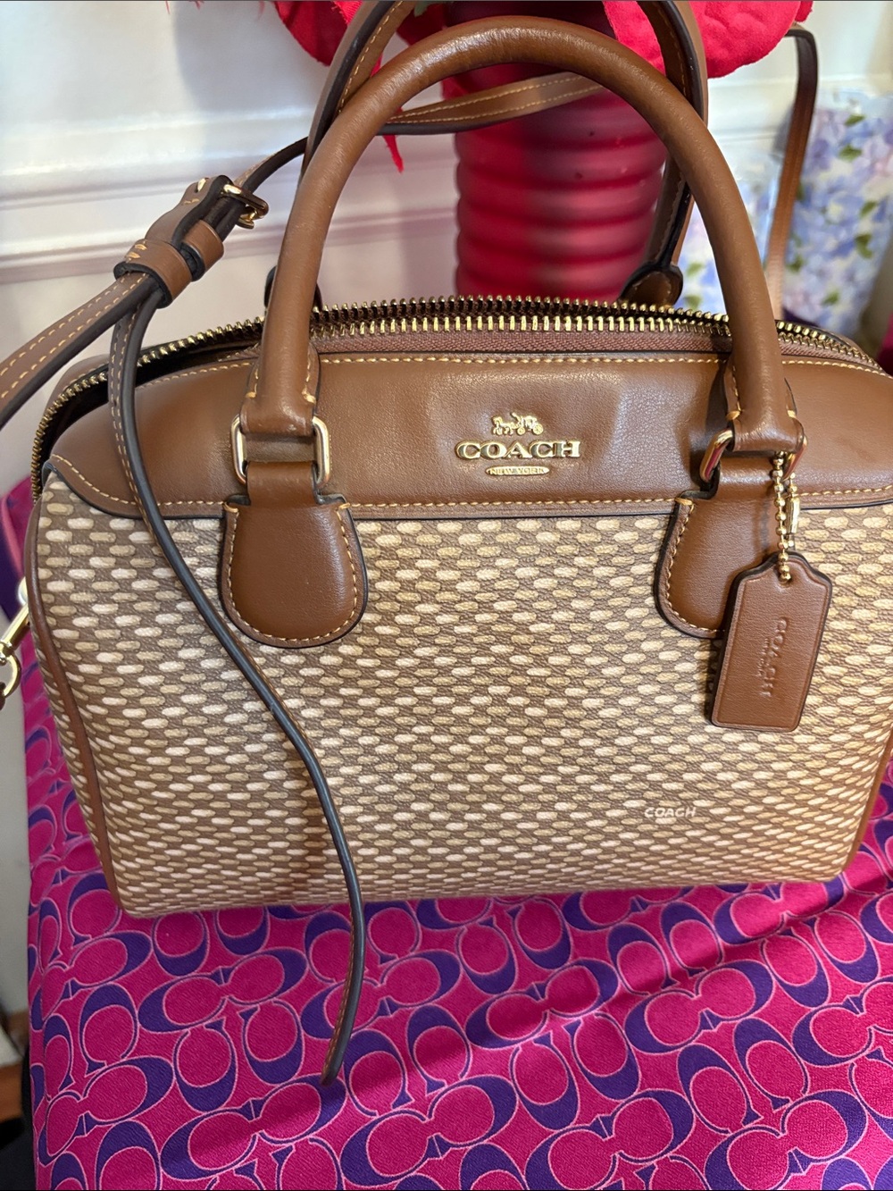 Coach Mini Bennett Satchel featuring a neutral brown and gold Legacy tote